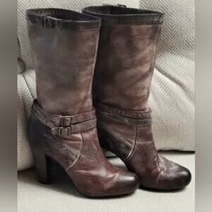 Frye Miranda Slouch High Heel  Brown Antiqued Leather Buckle Boots 8.5M MSP $369